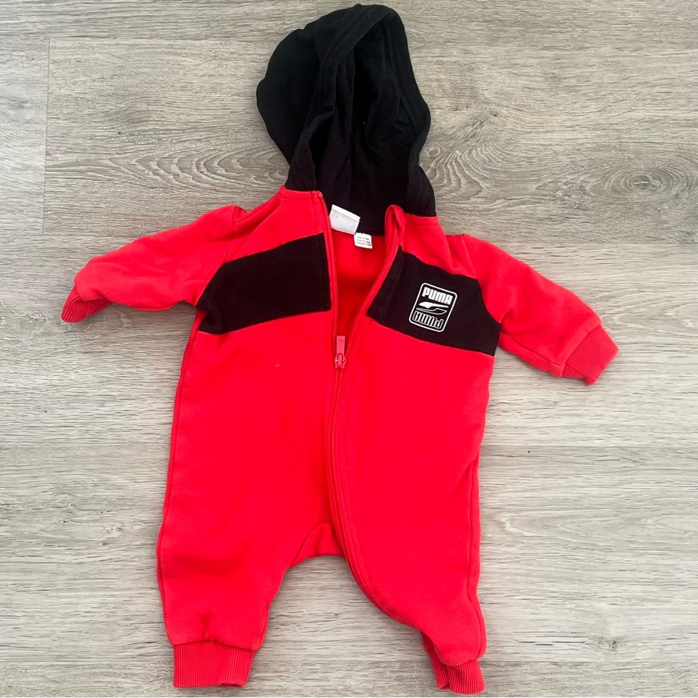 0-3 months Puma Red & Black Hooded One-Piece for baby